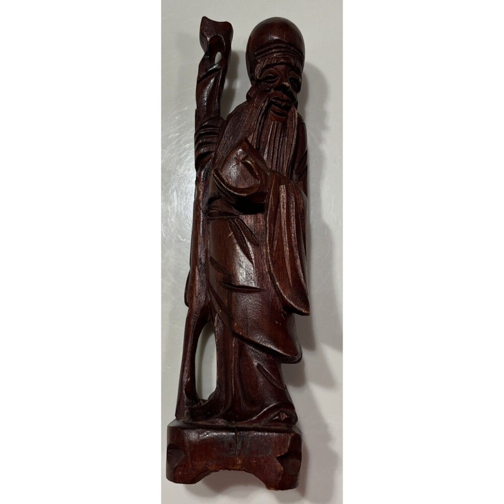 Vtg Chinese Hand Carved Wood Statue- Shou Xing Gong/Shou Lou ‘God of longevity’